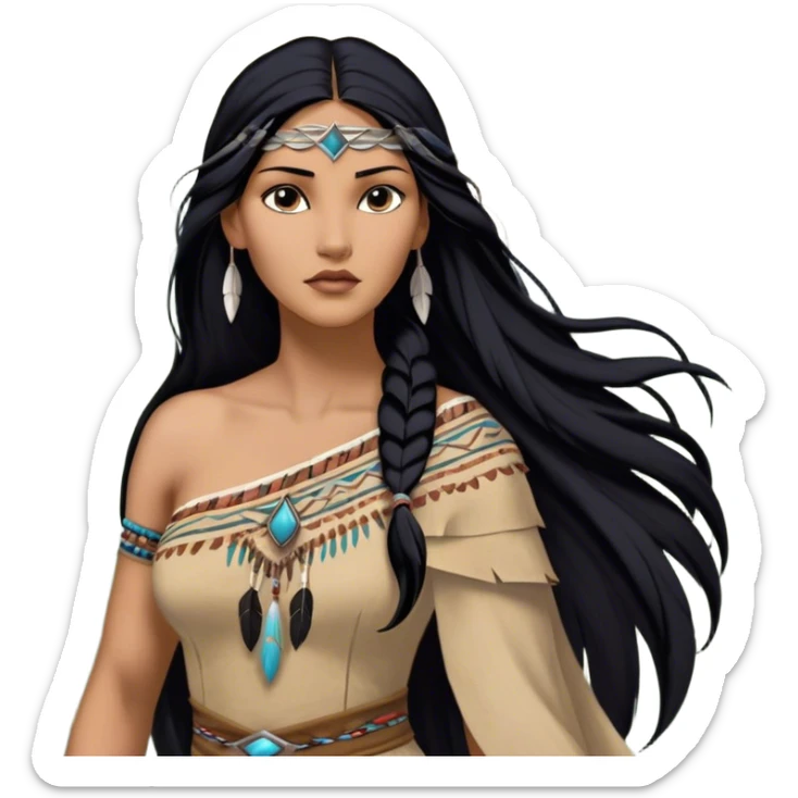 Cinematic Realistic Pocahontas Portrait, depicted with lifelike skin texture, soft natural lighting, and intricately detailed long, flowing raven-black hair that moves gracefully in the wind. Her deep, soulful dark brown eyes exude wisdom and strength, complemented by a serene yet powerful expression. She is dressed in her classic one-shoulder native american dress, with rich fabric textures and delicate beaded details that catch the light beautifully. The portrait features a soft, sun-kissed glow with a natural, radiant finish, capturing the essence of untamed beauty and deep connection to nature in a realistic and painterly style, evoking a sense of depth and authenticity. sticker