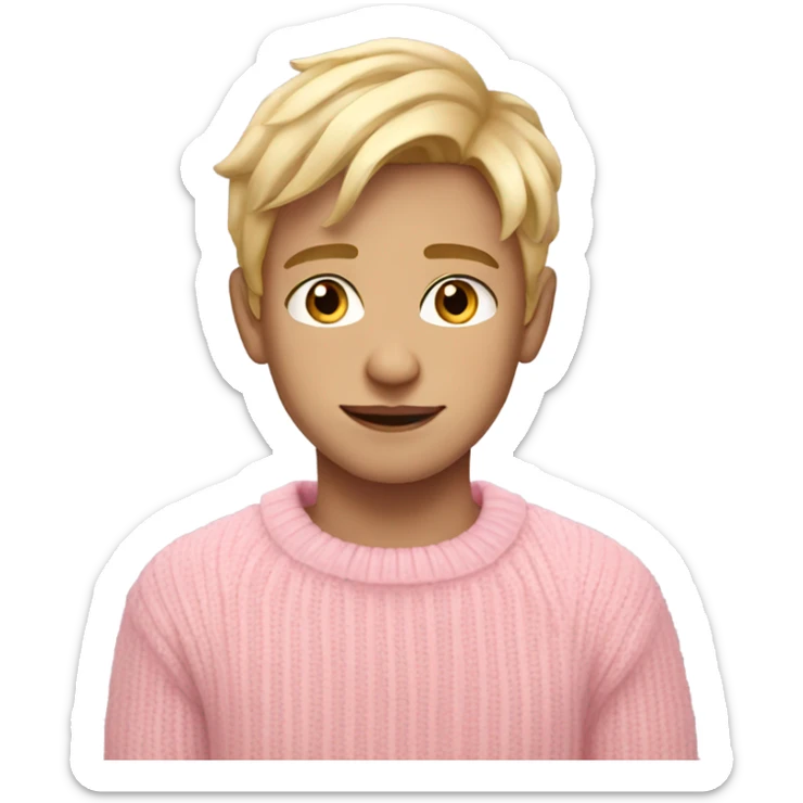 a fair skin boy in pink pastel sweater, blonde hair and cute pose sticker