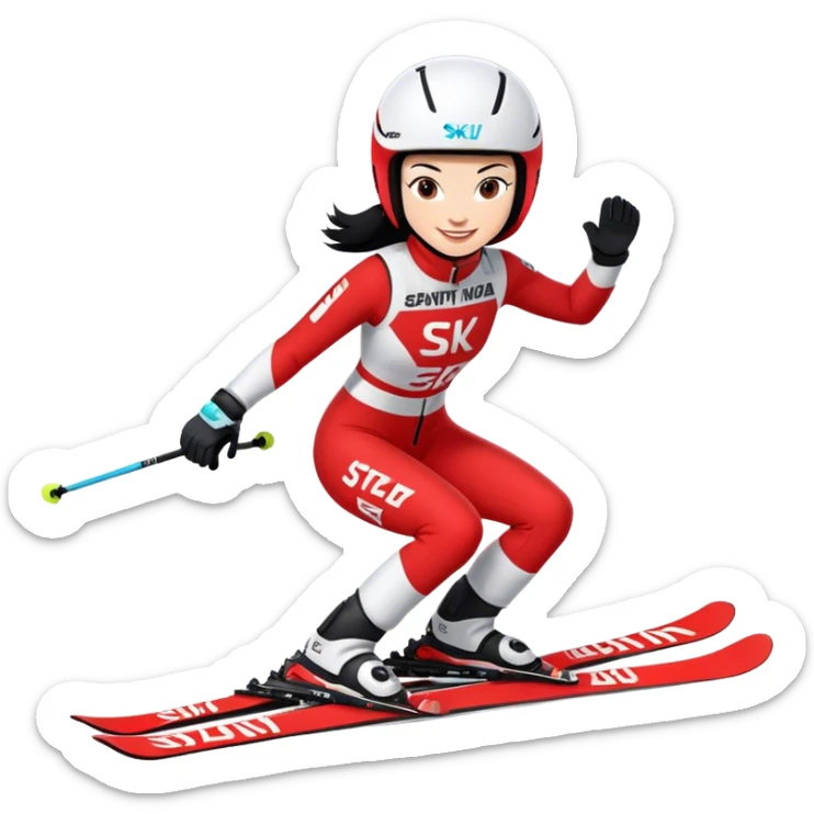 Ski racer downhill squat woman red white dress "Stephanie Venier" lettering Ski Head lettering black hair smile sticker
