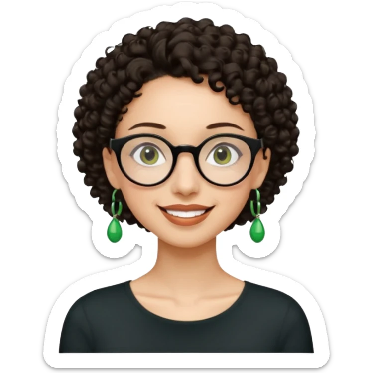 Slim, very slender woman with light skin, short dark curly hair, large brown eyes, black round glasses, big green earrings, thin arms and narrow shoulders, warm wide smile, friendly and intelligent expression. sticker