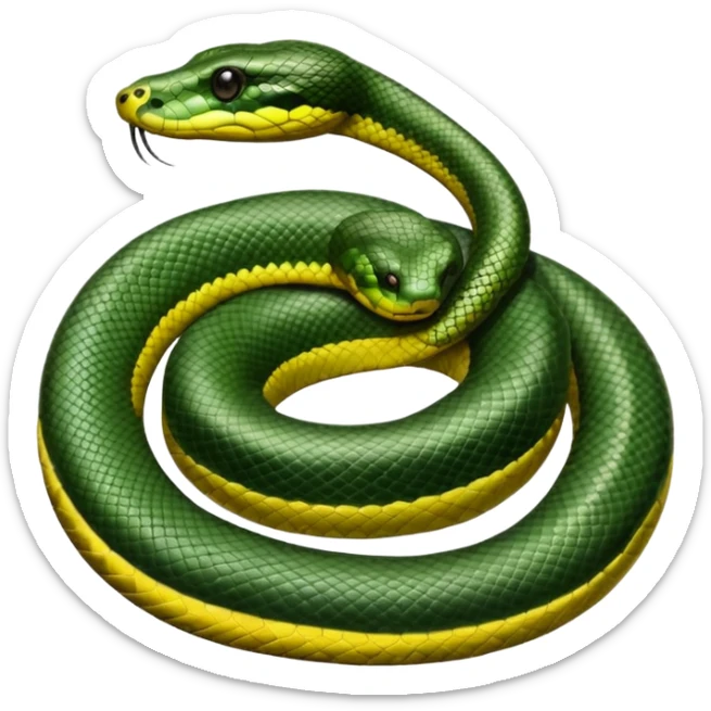 A photo-realistic top-down view of a Green Anaconda tightly coiled in a spiral, with its broad, flat head resting at the center. Its thick, muscular body is olive-green and covered in symmetrical, bold black oval spots that stand out against its smooth scales, creating striking natural camouflage. sticker