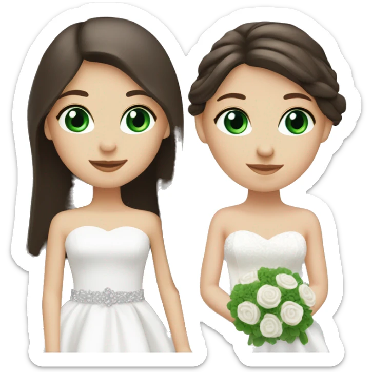 2 dark brown straight long hair white girls, one with green eyes and one with blue eyes. both in wedding dressed sticker