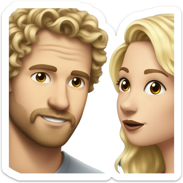 White man with scruff with brunette curly wavy hair kissing white pretty blonde girl with blonde layered hair sticker