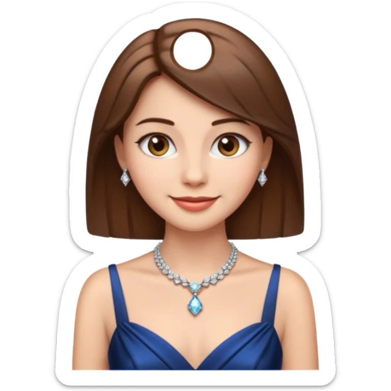 young elegant lady emoji, straight brown hair, formal gown, diamond necklace, poised look sticker