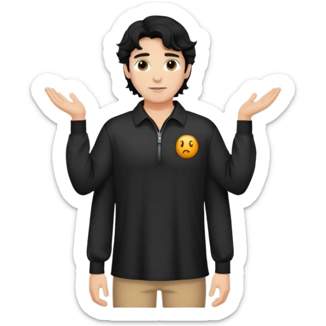 Caucasian man with black wavy hair wearing a loose-fitting long sleeve black shirt with collar and zip to the chest sticker