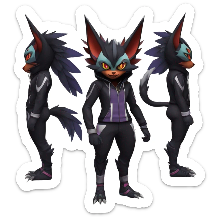 Cool Anthro Black Noivern-Absol-Litten-Pokémon with edgy stripes hoodie spiked collar punk Full Body sticker