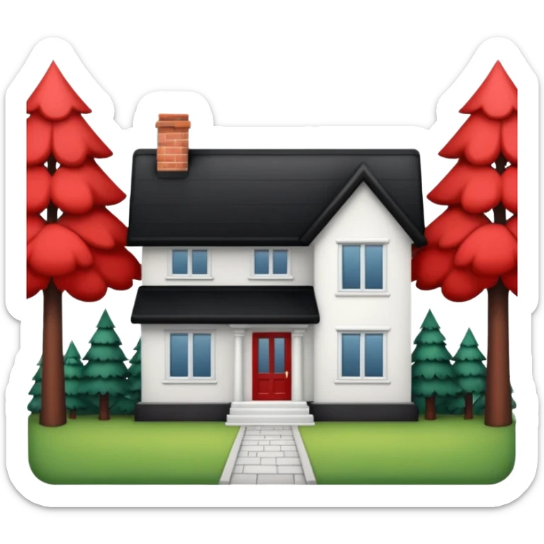 Dom parterowy z czarnym dachem i biała elewacją ze wstawkami z czerwonej cegły.Na drugim planie las. sticker