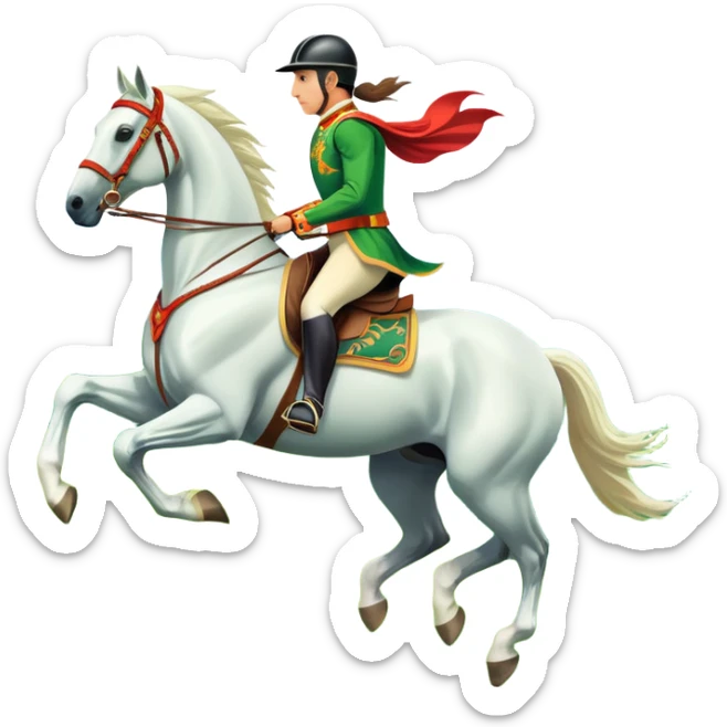 An icon showcasing a majestic horse and rider in full gallop across a lush green field. The background features a clear sky, distant mountains, and a vibrant landscape. The rider wears traditional gear, while the horse leaps with grace and power. Transparent background sticker