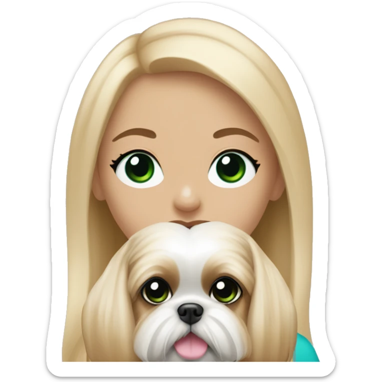 Girl with long blonde hair, and bright blue and green eyes and pink lipstick who is holding an all beige shih tzu dog  sticker