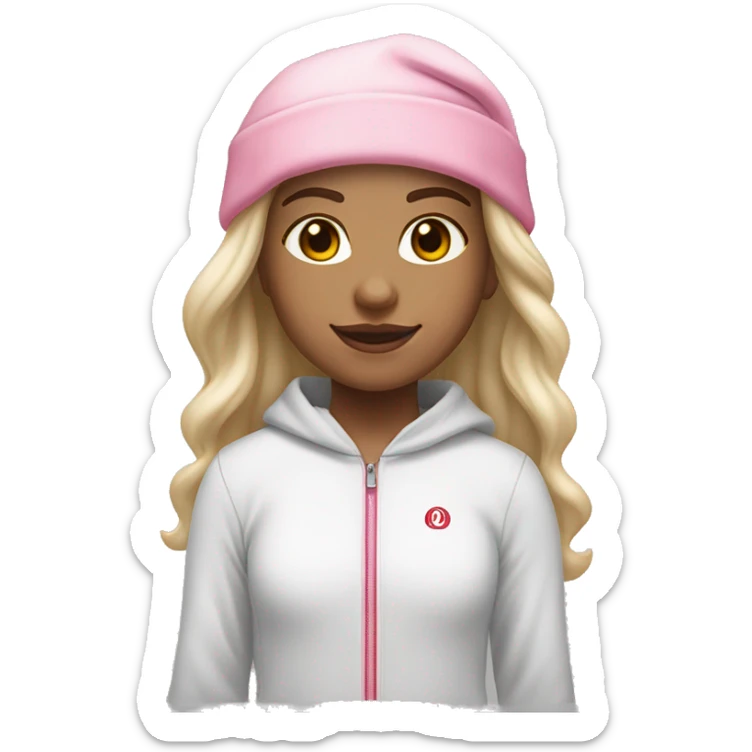 white raced, blonde hair with middle part, girl, long sleeve white lululemon shirt,  grey sweat pants, and a pink santa hat sticker