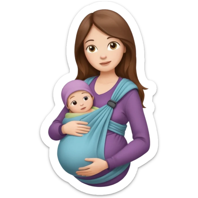 Pregnancy babywearing mom with long brown hair and fair skin with a small baby and wrap  sticker