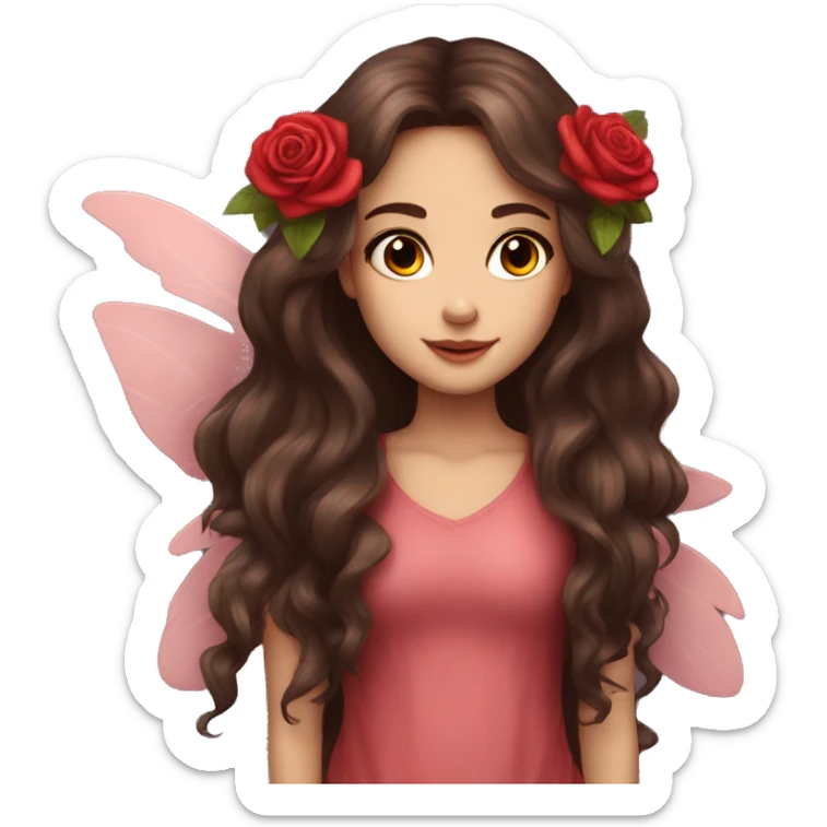 Beautiful, rose, fairy, red, flowers in hair, long dark brown hair, big wings, fair skin sticker