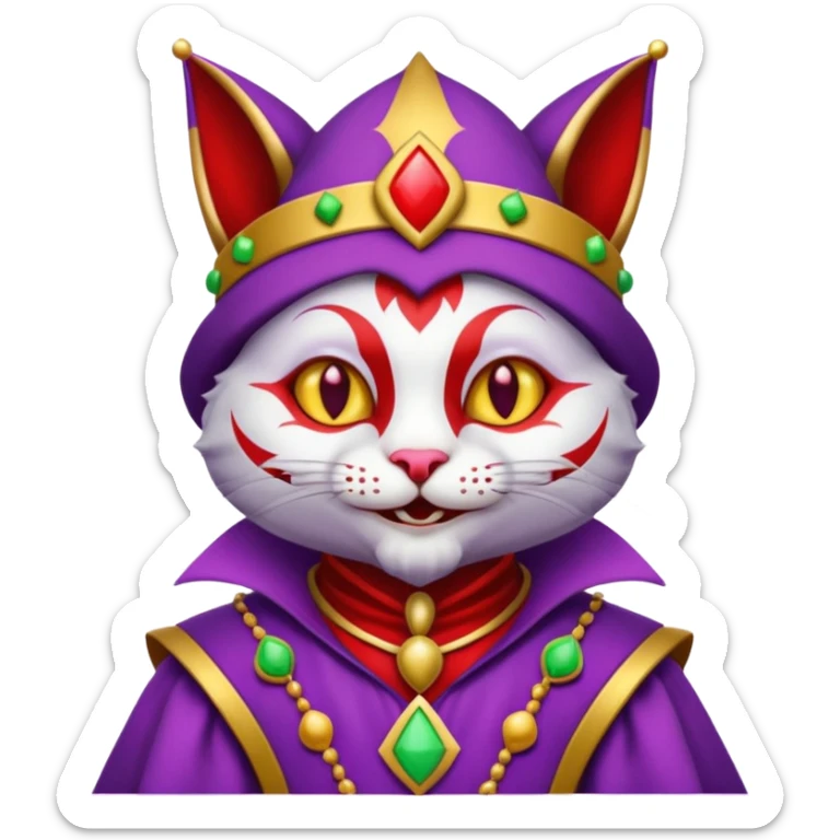 crazy colorful cute little cat jolly joker from poker, medieval, vintage, court jester, mac os icon, purple, gold and red color, half body sticker