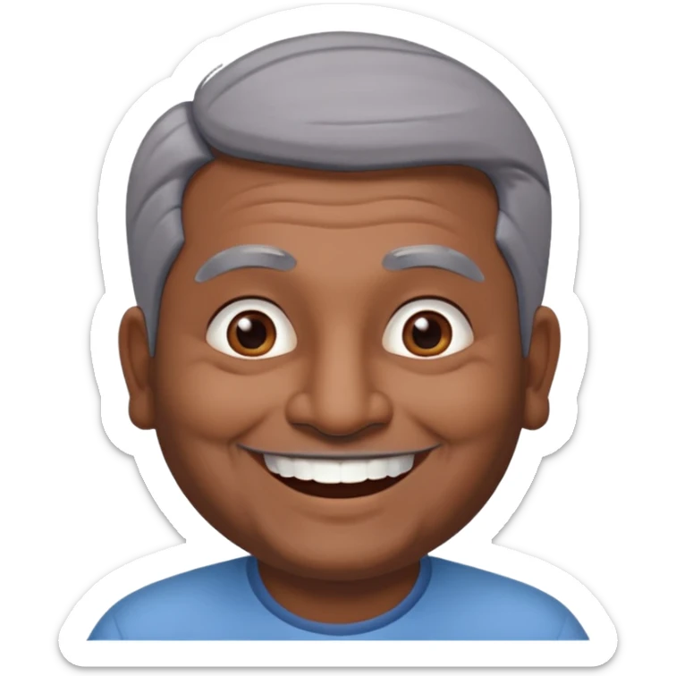 50 yr old indian man, dark skin, grey hair, big smile, white teeth, chubby, no moustach sticker