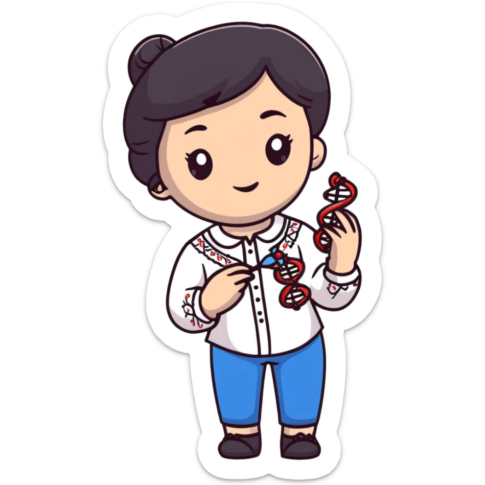 Ukrainian girl with dark hair in an embroidered traditional shirt holds a DNA molecule in her hand sticker