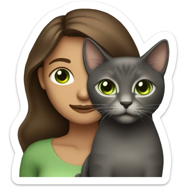  Woman with  long brown hair holding a Dark graycat with light green eyes sticker