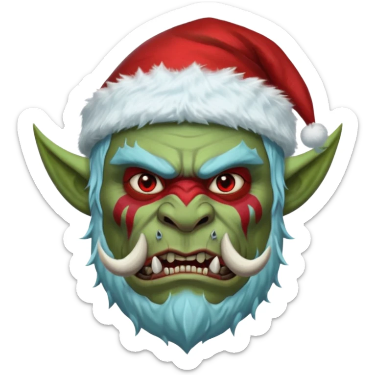 Fantasy orc portrait emoji, Santa Claus hat adapted for orc head with tusks, icy blue and deep red frost war paint on face, brutal winter warrior mood, strong facial features, minimal tribal design, clean high readability emoji style, male/female variant
 sticker
