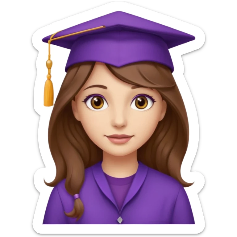 beautiful  woman normal skin with more wavy long brown over shoulder  hair and hazel eyes with purple school hat sticker