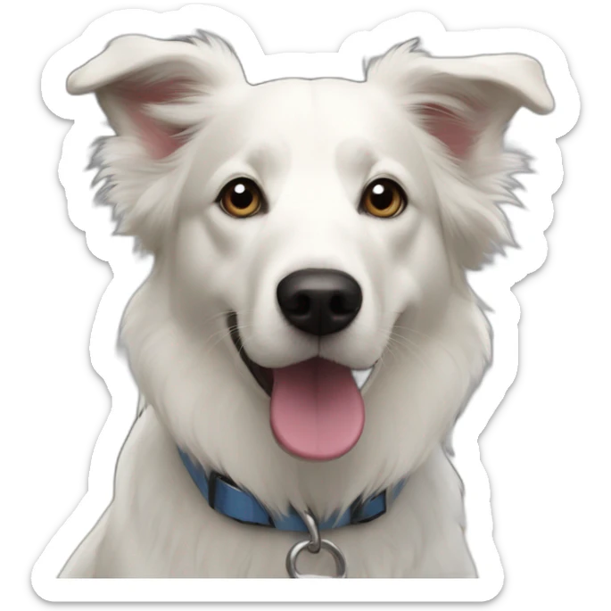 white and black dog with dark eyes happy  short hair mixed breed as border collie 2 years old with sticker