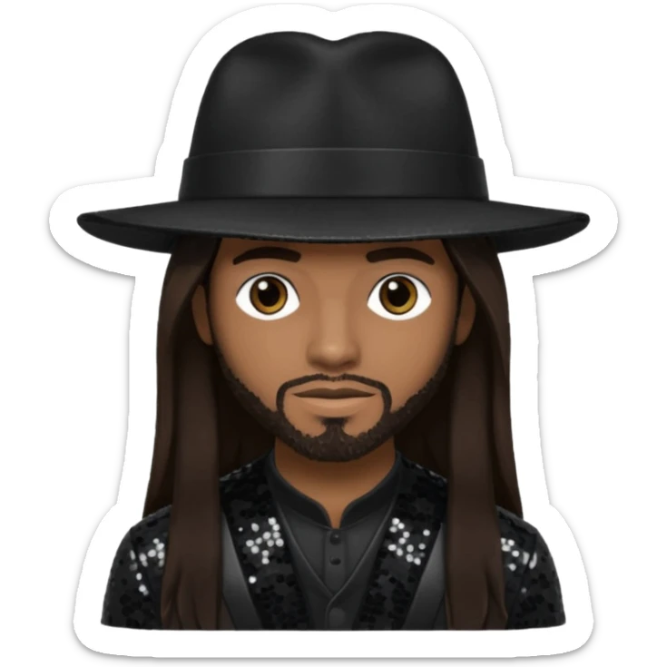 Ahmad "Real" Givens with long dark brown hair, black sequin outfit, black hat sticker