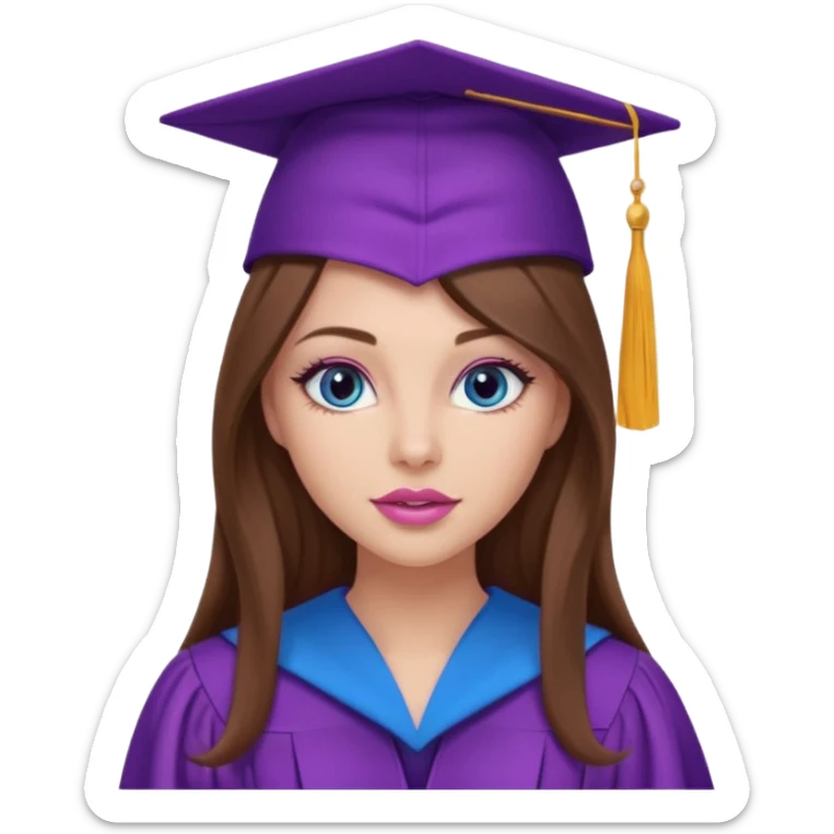 girl with gorgeous long brown hair, blue eyes, long lashes makeup, sexy pink lips, wearing a purple graduation cap and gown sticker