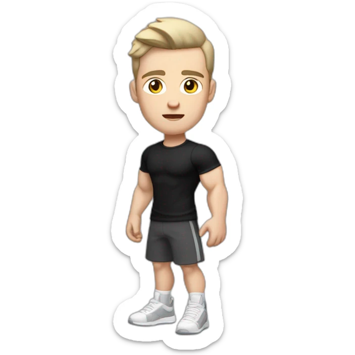 Confused Pale skinned Fit Man With the biceps and dark brown hair in black shirt, gray sports shorts and white Sneakers sticker