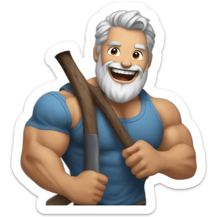 A stern bearded man, gray hair in dark hair, a bodybuilder, Holding an axe in his hands, Laughing loudly sticker