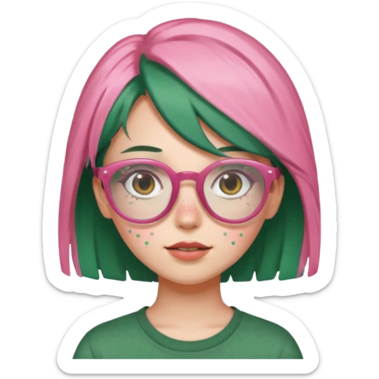 a girl with pink glasses, brownish green hair and freckles sticker