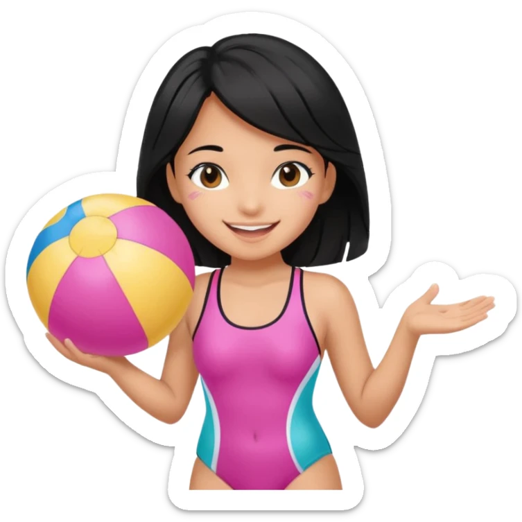 Hawaiian girl with black hair with pink highlights and a swimsuit, with beach ball sticker