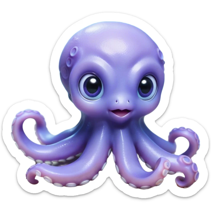 Cinematic Cute Baby Octopus Portrait Emoji, Head tilted slightly in a curious and endearing way, featuring a smooth, rounded light blue-purple body with enormous, sparkling eyes filled with warmth and innocence, delicate tentacles curling playfully, Simplified yet irresistibly adorable features, highly detailed, glowing with a soft, dreamy marine glow, high shine, affectionate and gentle, stylized with a touch of whimsical deep-sea charm, soft glowing outline, capturing the essence of a tiny, inquisitive octopus that looks ready to gently drift into your heart! sticker