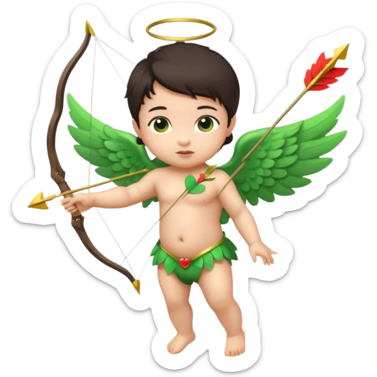 cupid asian baby flying full body with wings with brown eyes and dark hair handled bow and arrow directed to green emoji heart sticker