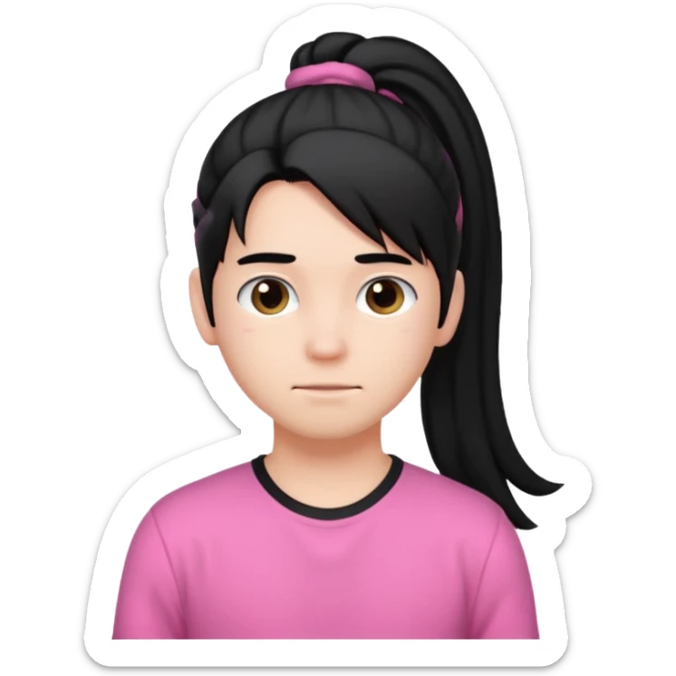An emoji of a soft boy with black long hair in a poney tale in pink clothes sticker