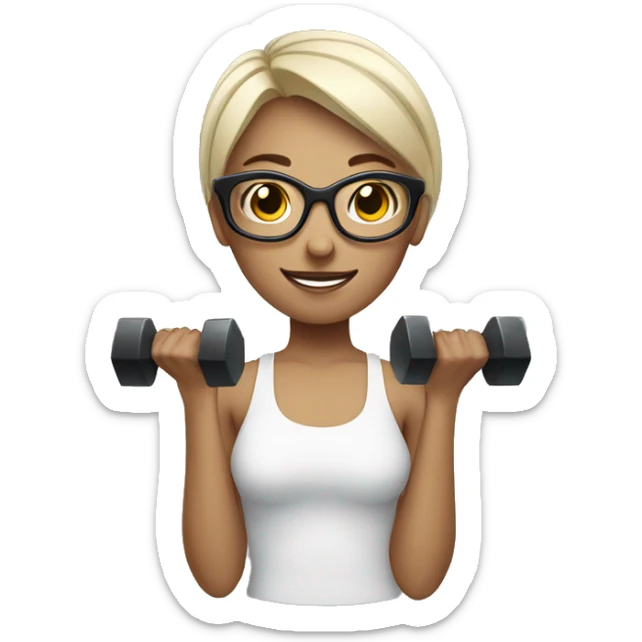 White Sports Girl with short hair glasses holding dumbbell sticker
