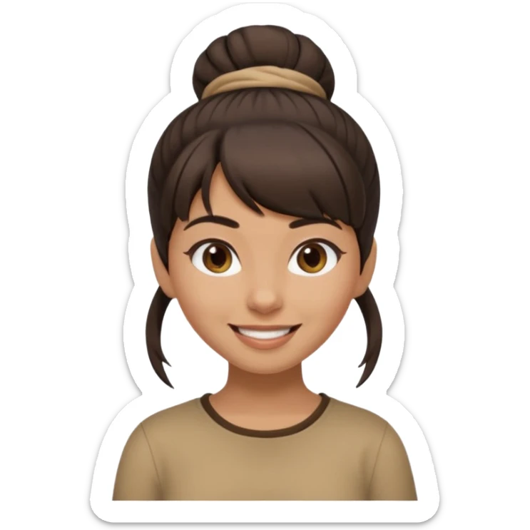 In Apple Memoji format, a girl with dark brown hair. She has bangs and her hair is in a singular high bun. The girl is arab and has light brown skin. She is wearing a brown shirt. She is smiling but is not showing her teeth.  sticker