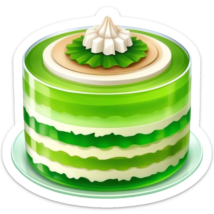 Coconut Pandan Jelly Cinematic Realistic Coconut Pandan Jelly Dessert Emoji, depicted as a layered jelly with distinct strata of coconut and pandan flavors, rendered with delicate textures and vibrant, tropical lighting. sticker