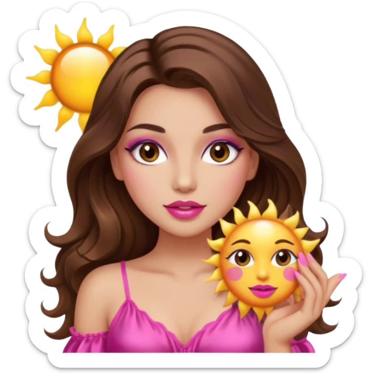 girl with long wavy brown hair, brown eyes, long lashes makeup, sexy pink lips, light to medium complexion, wearing a pink sexy silk top, holding the sun icon  sticker