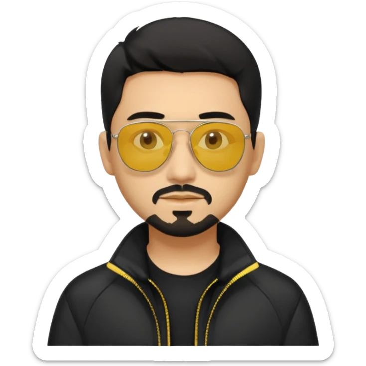 A man with middle part haircut black hair sunglasses with yellowish glasses And black jacket. Goatee short black beard sticker