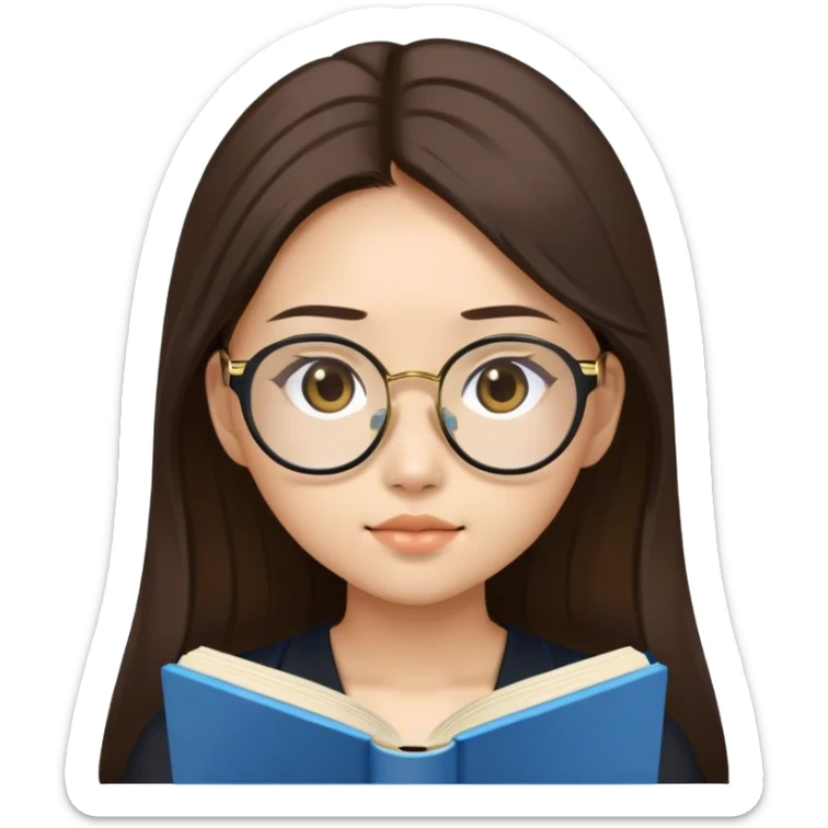 pretty asian girl reading a blue book black top gold glasses long brown hair sticker