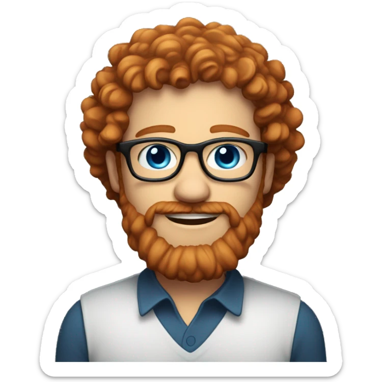 35 year old, male, curly red hair, pale, thick beard, blue eyes, white glasses, black shirt sticker