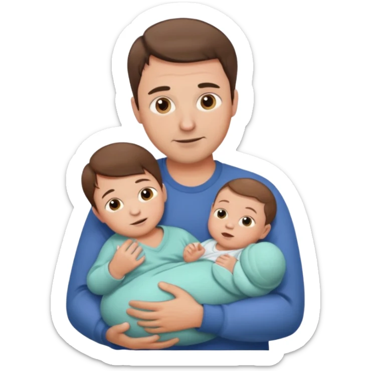 dad with short brown hair and fair skin with newborn baby holding sticker