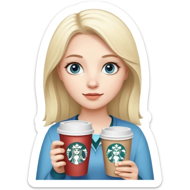 Crete an emoji as an white blonde girl with gra blue eyes holding a coffe from Starbucks  sticker