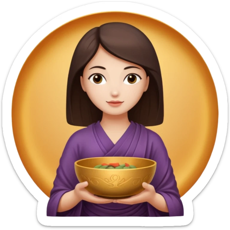 A woman  holds a Buddhist bowl in her hands. There is a glow around the girl. sticker