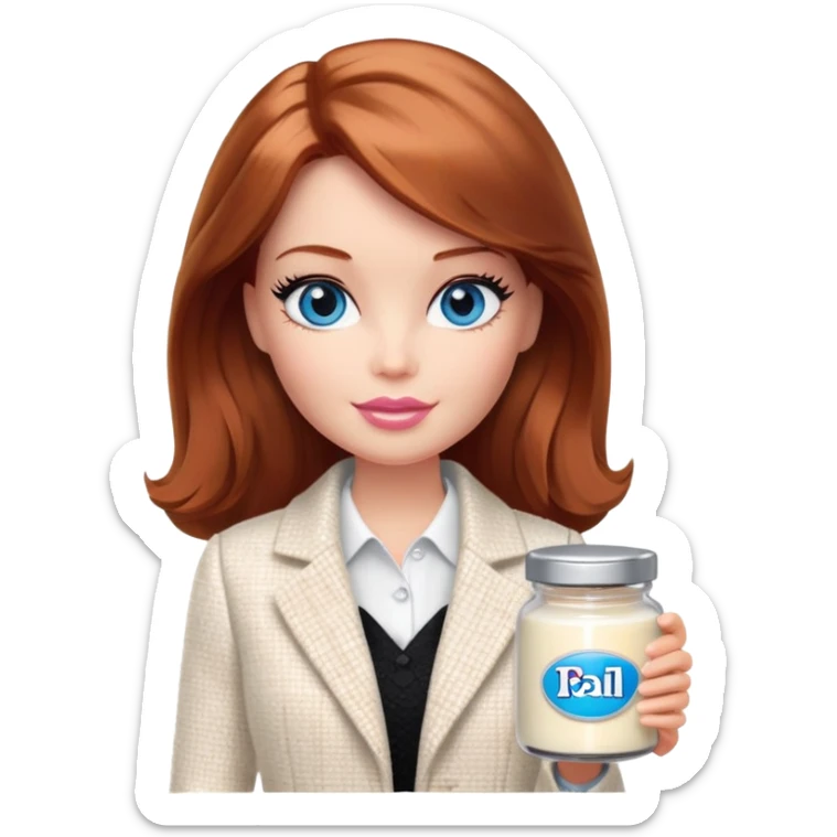 A Barbie girl with blue eyes, shoulder-length reddish-brown hair, made-up, in a white tweed jacket and black skirt, holding a jar of pale beige face cream sticker