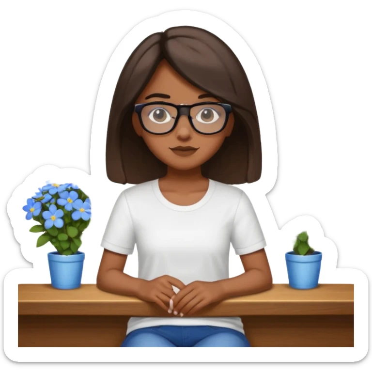 Créame una chica morena de pelo más o menos por los hombros con granitos en la cara y unas gafas negras, que esté sentado en una silla de bar con una camisa blanca con florecitas azules sticker