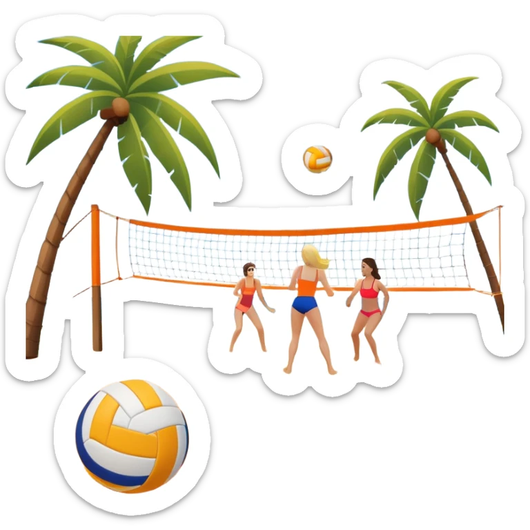 A volleyball resting on the orange sand of a beach, with a volleyball net in the background. The scene includes a beautiful beach landscape with blue sea, sky, and palm trees, while a couple of women in swimsuits play in the distance, capturing the relaxed yet competitive vibe of beach volleyball. sticker