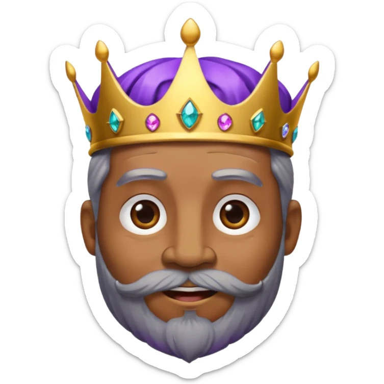 Create a cartoon-style emoji of Baltasar, one of the Three Wise Men. Only show his face and crown. He is older, with a black beard showing streaks of gray, joyful wrinkles, and a purple and gold jeweled crown. Express warmth and wisdom. Colorful and simple, suitable as an emoji. sticker