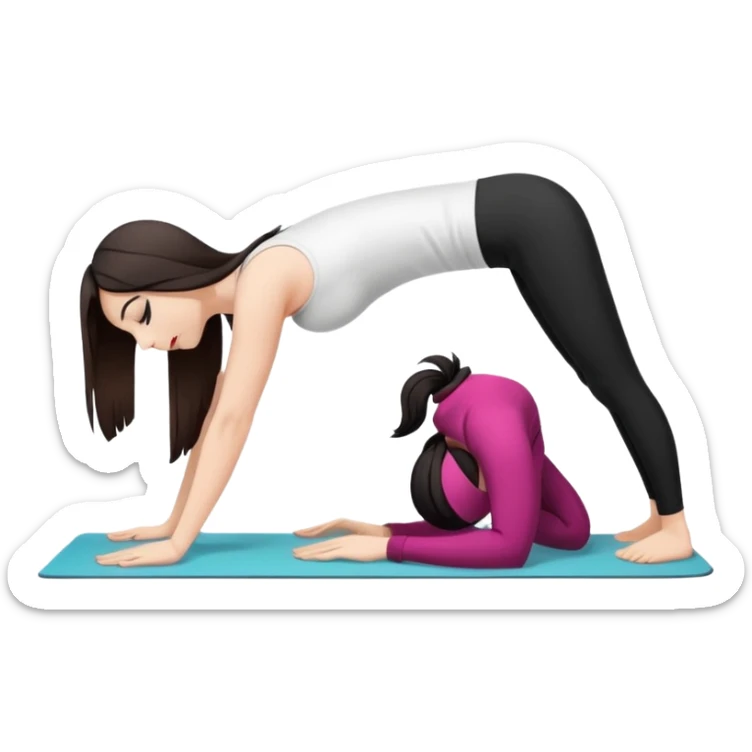 Девушка белокожая в позе собака мордой вниз, с длинными темными волосами, в белом топе, в черных лосинах, с черными ресницами sticker