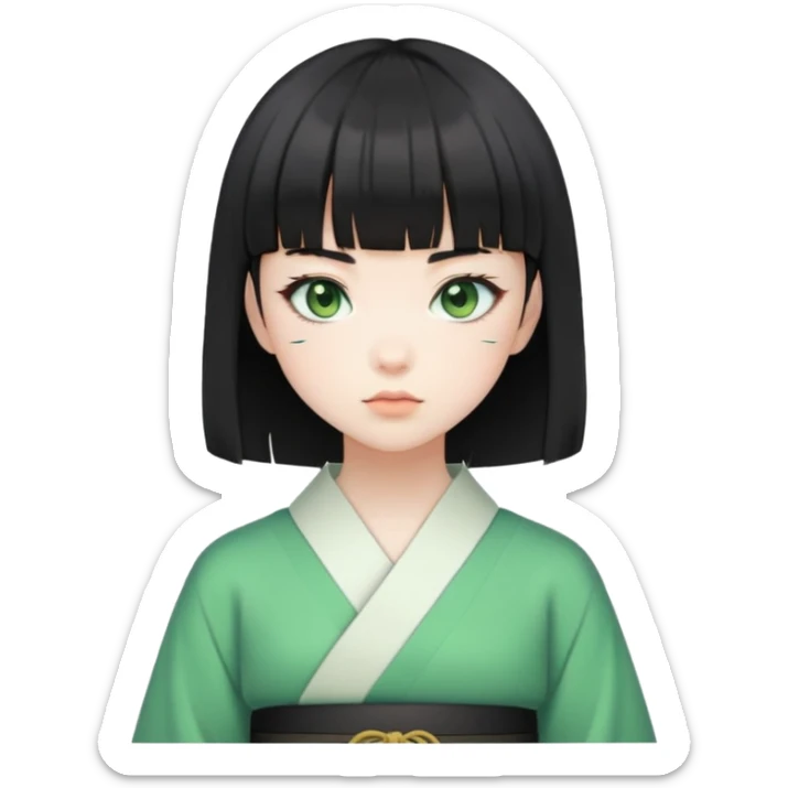 Japanese girl with short black hair and bangs, wearing a Jirai Kei outfit, green eyes, close-up face sticker
