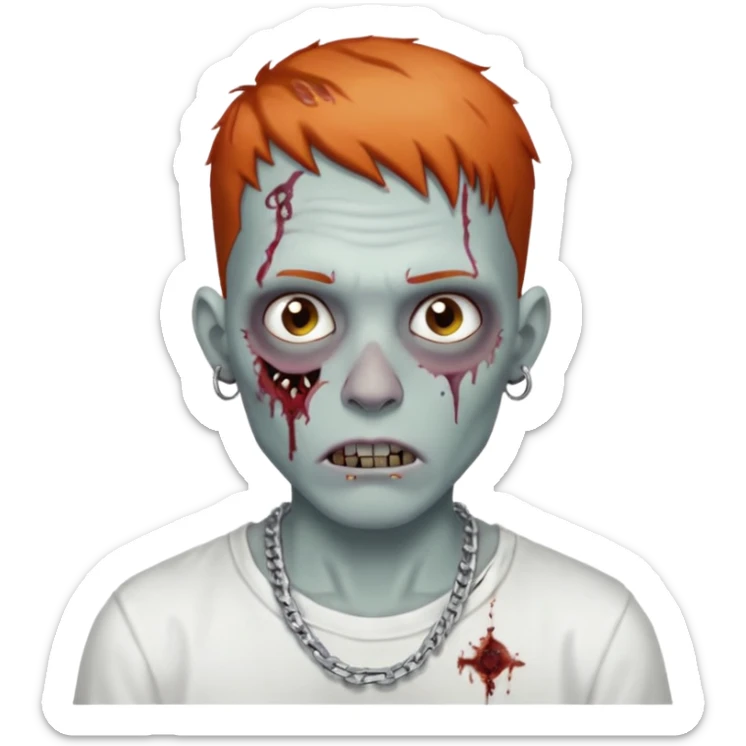 Zombie with freckles white shirt low taper fade haircut silver chain Cuban style sticker