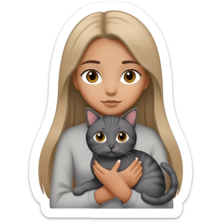 Tan girl with straight hair holding a cat that had black fur on the outside and grey on the inside sticker
